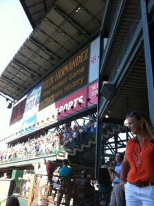 The scoreboard at the end of the game reads: "Felix Hernandez, first perfect game in Mariners history"
