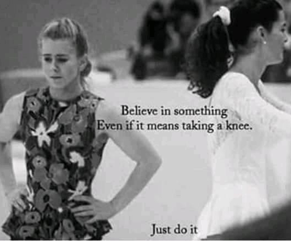 Kaepernick ad parody: Tonya Harding with the text: "Believe in something. Even if it means taking a knee."