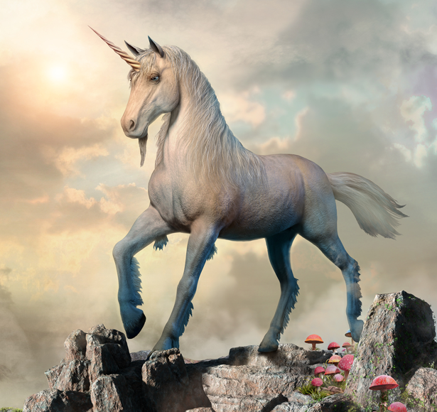 An artistic drawing of a unicorn standing next to a cliff