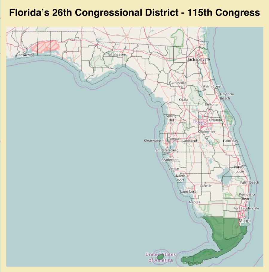 A map of Florida with the 26th District highlighted in green - the southern tip and the Keys
