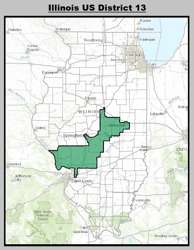 Illinois District 13 shown in green on a map of Illinois. It runs across the center of the state from the mid-east to the western border, with weird tentacles to the northwest and south