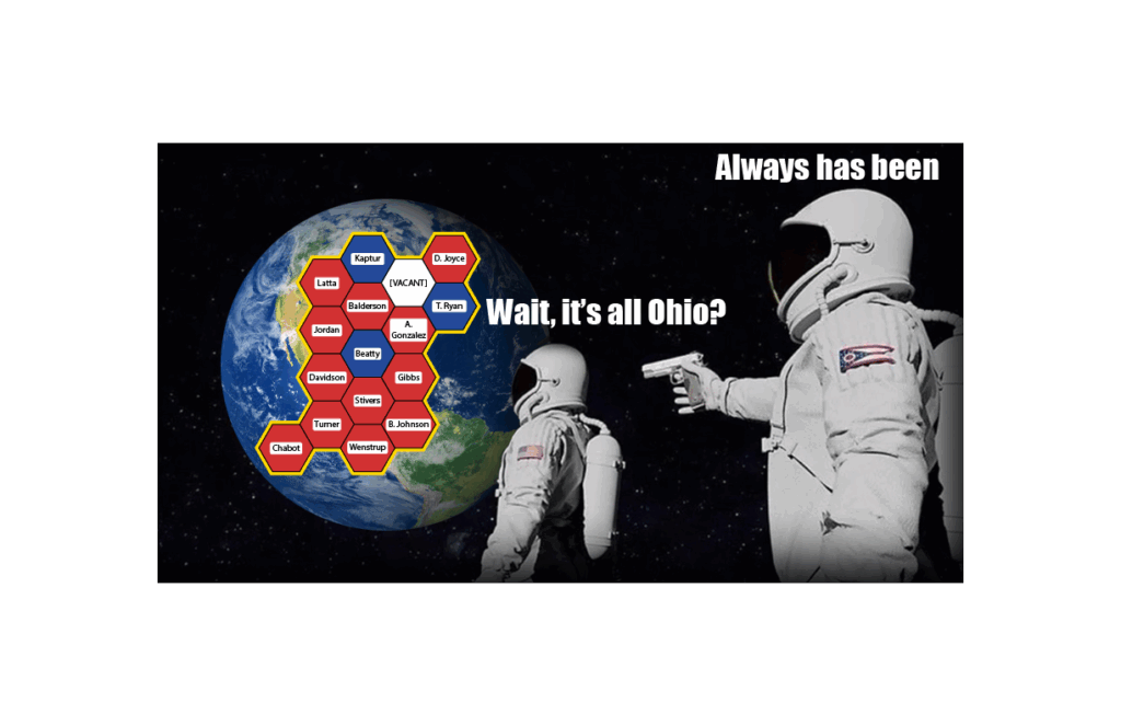 An American astronaut realizes that Earth is all the Ohio House map before an Ohio astronaut shoots him