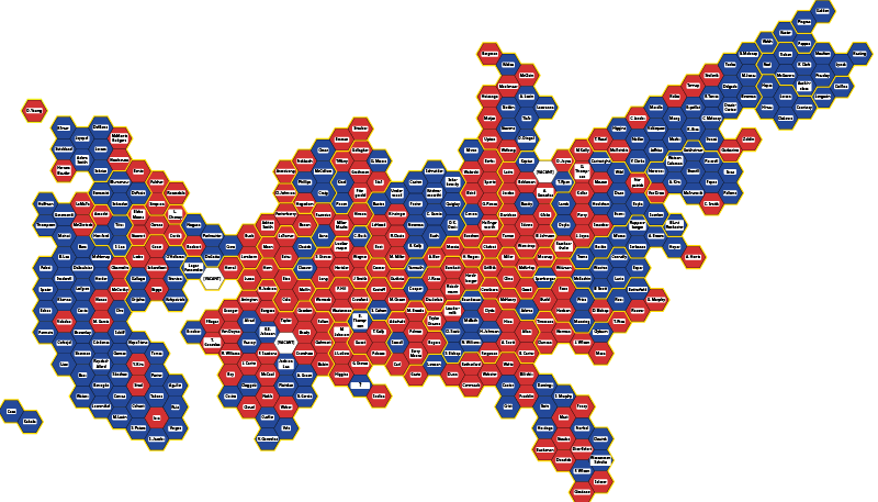 Map of the U.S. House of Representatives with colors representing parties: blue = Democratic (220), red = Republican (212), white = vacant (4)
