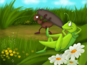 An illustration from a children's book of fables of the Ant and the Grasshopper