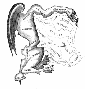 The "Gerrymander" political cartoon from 1812, showing the salamander-shaped district created by Elbridge Gerry as an actual salamander