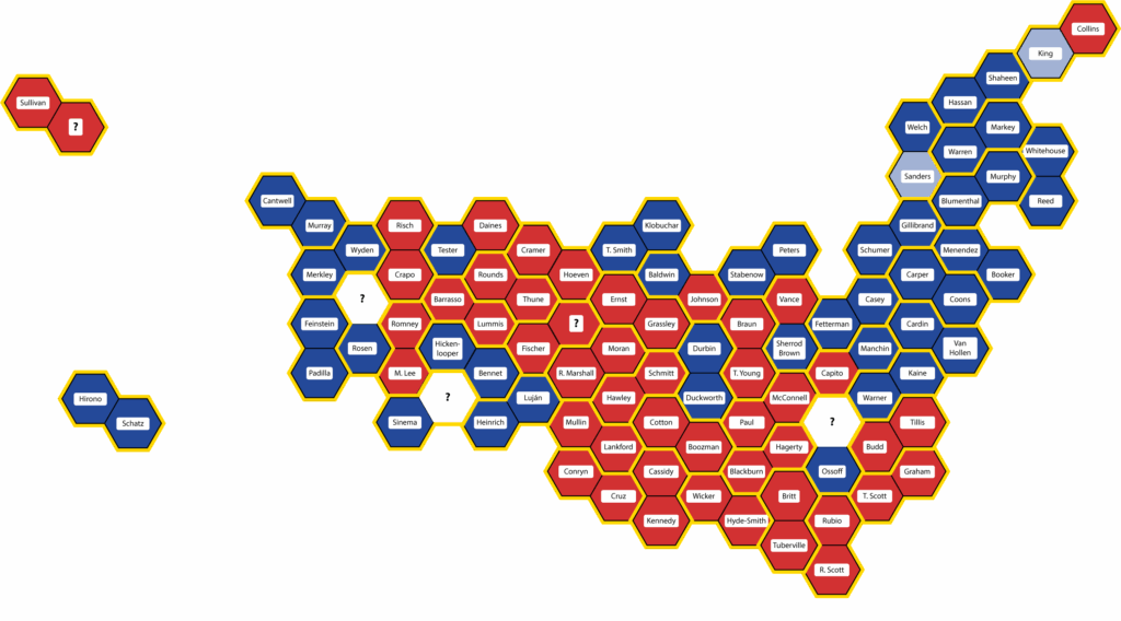 A non-misleading map of the current state of the U.S. Senate after the 2022 midterm elections