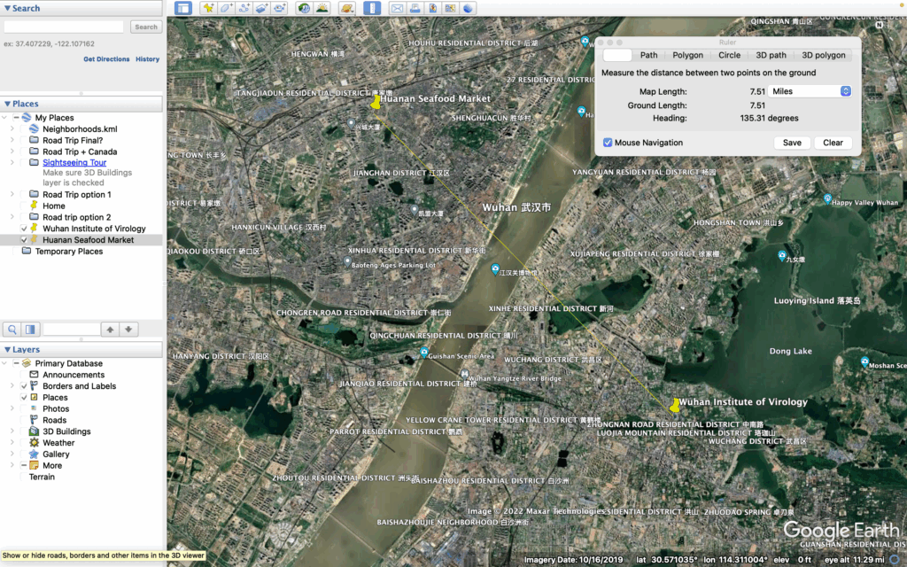 From Google Earth: the Wuhan Institute of Virology is 7.5 miles (12 km) away from the Huanan Seafood Market, across the Yangtze River