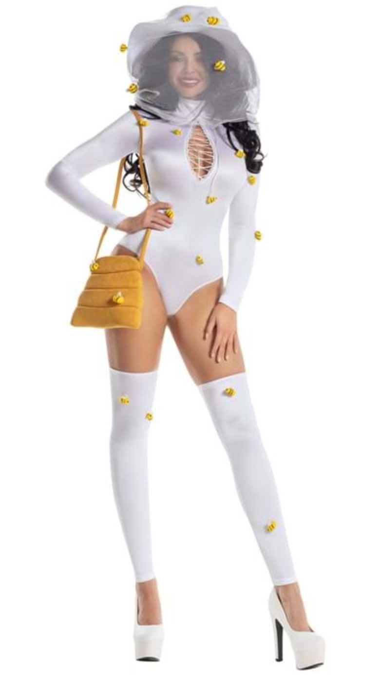 A woman in a white lycra swimsuit with a white hat and mesh covering her face, holding a 