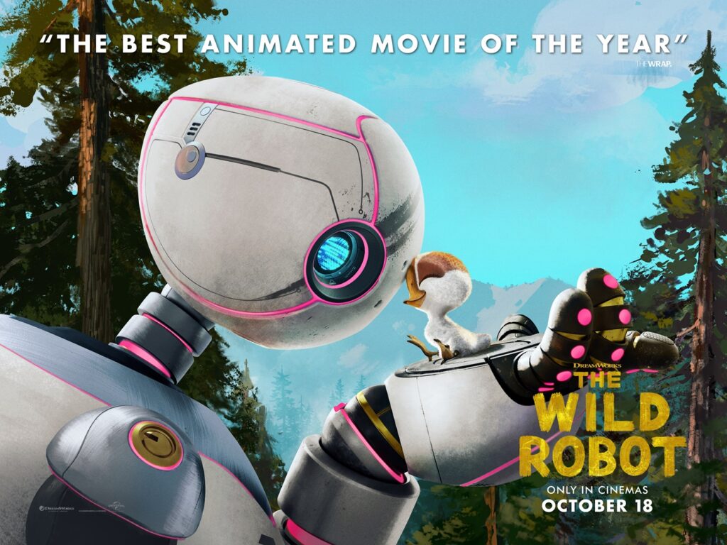 Wild Robot movie poster - a robot holds a baby goose